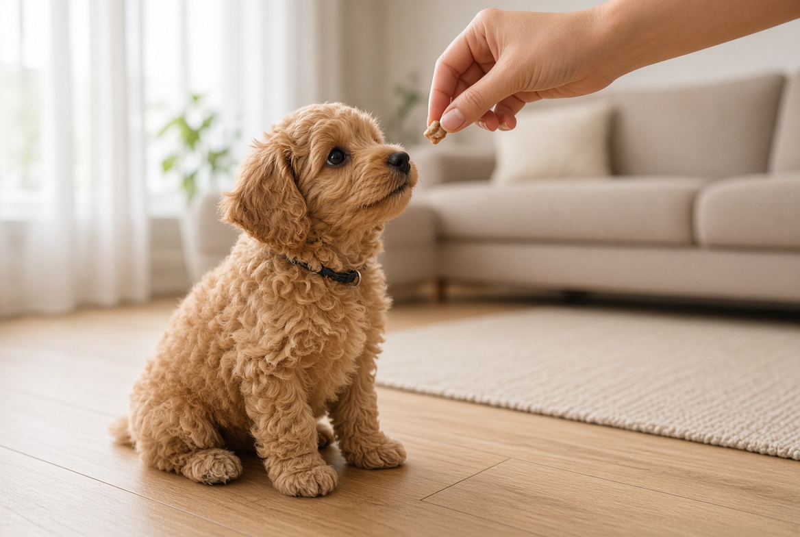 Toy Poodle sosyalleştirme sırasında insanla sakin etkileşim