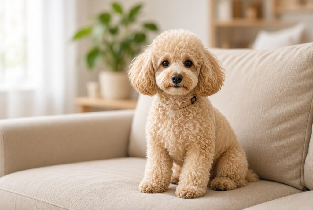 Bej koltukta oturan krem rengi Toy Poodle yavrusu