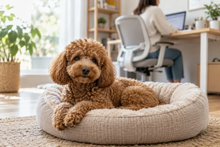 Ev ofisindeki masanın yakınında kendi yatağında dinlenen kahverengi Toy Poodle.