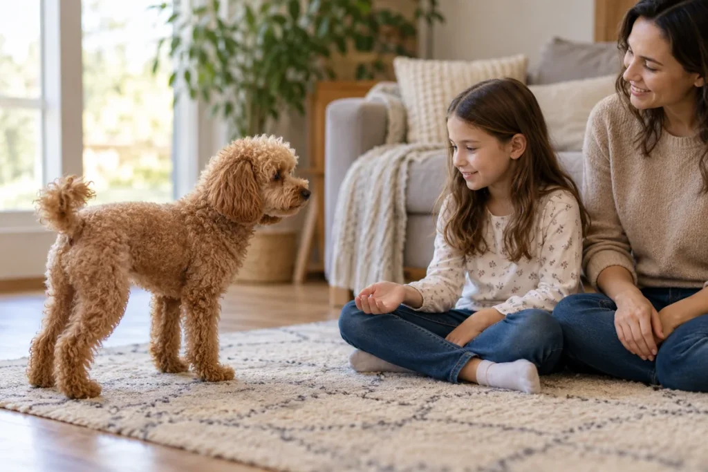 Yerde oturan çocuk ve yetişkinin yanında rahat bir mesafede duran apricot Toy Poodle.