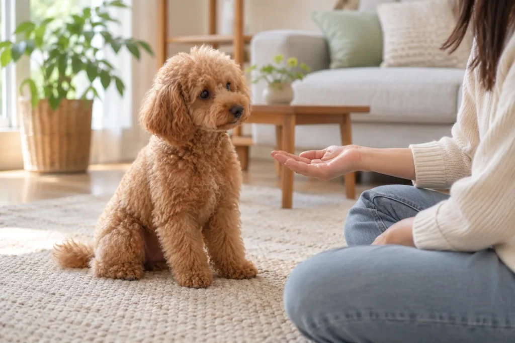 Kaymayan halıda oturan apricot Toy Poodle ile yerde sakin biçimde tanışan yetişkin.