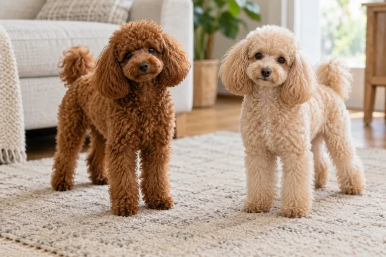 Doğal ışıkta nötr halı üzerinde duran kızıl ve açık krem tonlarında iki Toy Poodle.