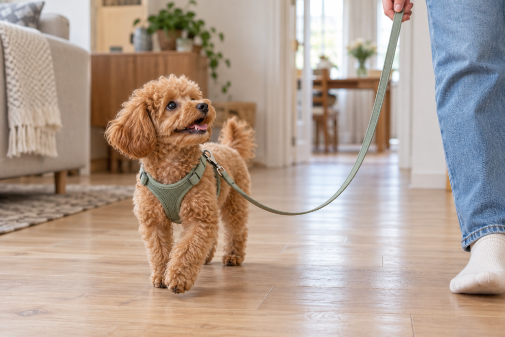 Toy Poodle tasma eğitimi: göğüs tasması ve gevşek kayışla evde yürüyen yavru