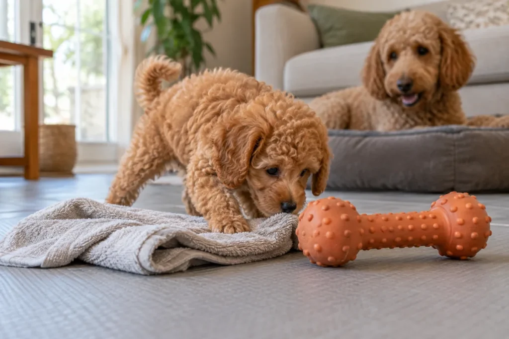 Kaymayan zeminde havluyu ve güvenli oyuncağı merakla inceleyen apricot Toy Poodle yavrusu.